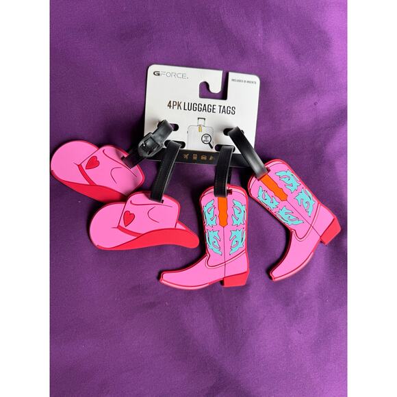NEW G-FORCE PINK Cowgirl Boot & Hat Luggage Tags – 4-Pack Travel ID Tags - Picture 1 of 2